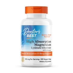 Doctors Best bottle of high absorption magnesium supplement L lysinate glycinate 120 veggie caps for muscle relaxation