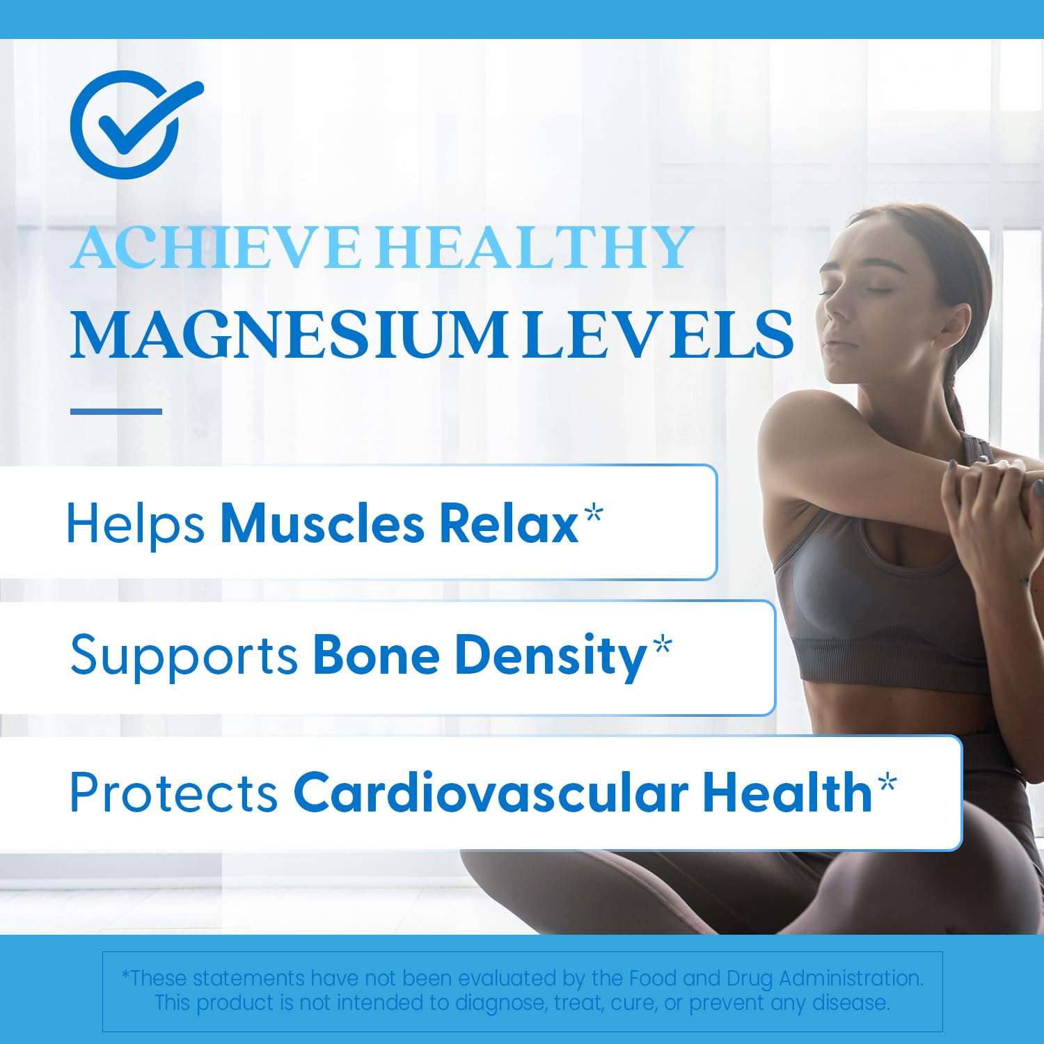 Doctors Best high absorption magnesium supplement banner with woman stretching and listed health benefits