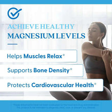 Magnesium supplement benefits panel listing muscle relax, bone density, and cardiovascular health