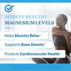 Doctors Best high absorption magnesium supplement banner with woman stretching and listed health benefits