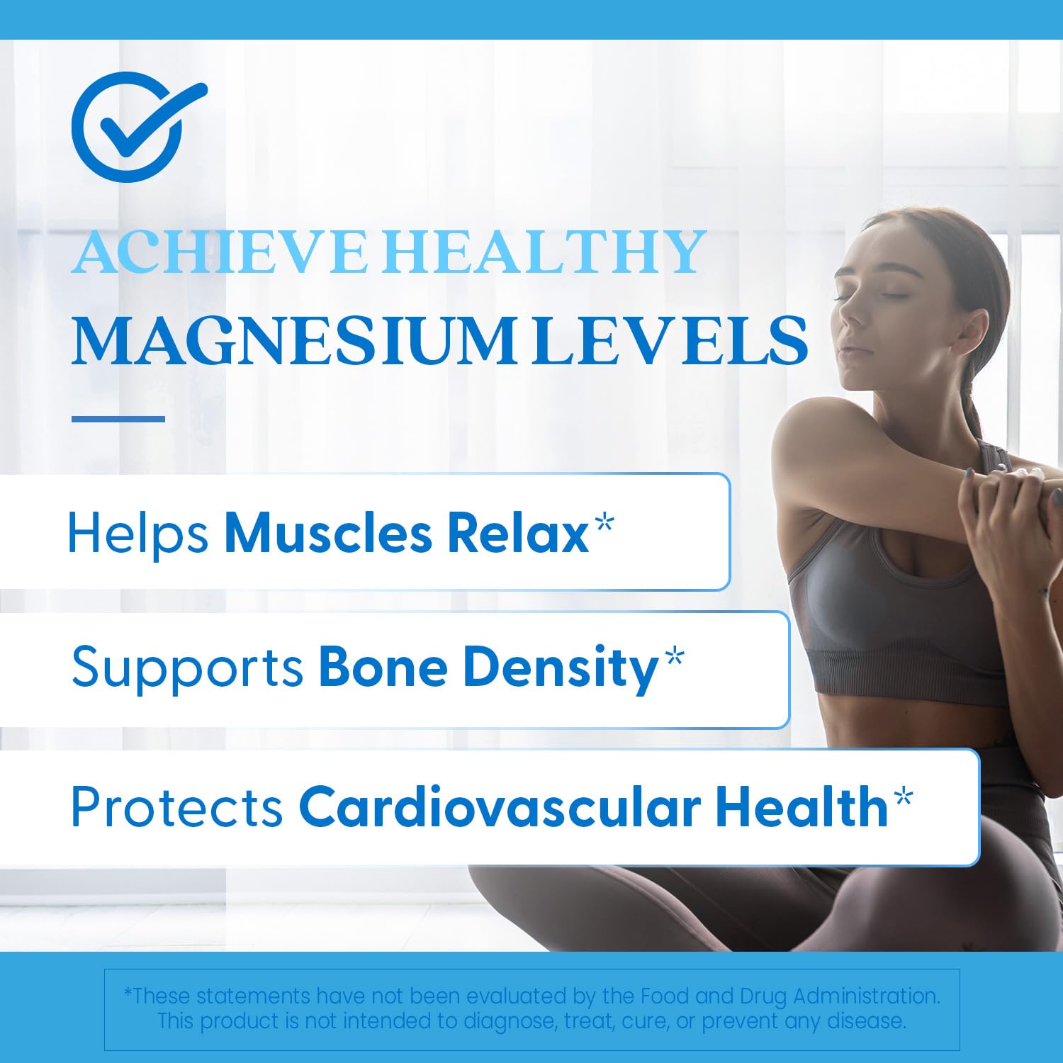 Doctors Best high absorption magnesium supplement banner with woman stretching and listed health benefits