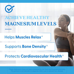 Doctors Best high absorption magnesium supplement banner with woman stretching and listed health benefits