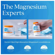 High absorption magnesium supplement bottle with orange cap shown with powder and caps icons.