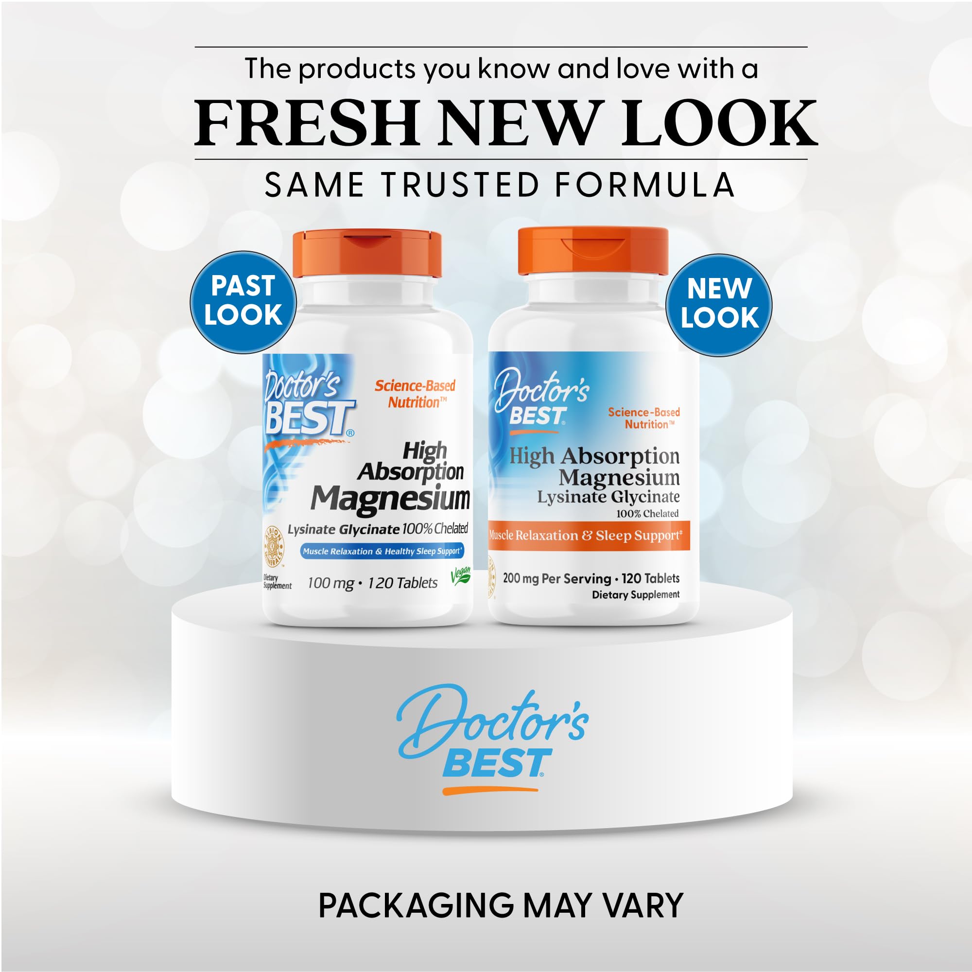 Doctors Best high absorption magnesium tablets two bottle packaging comparison showing past and new look