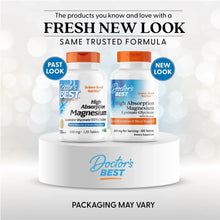 Two high absorption magnesium supplement bottles with orange caps on display stand.