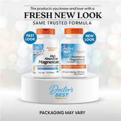 Doctors Best high absorption magnesium tablets two bottle packaging comparison showing past and new look