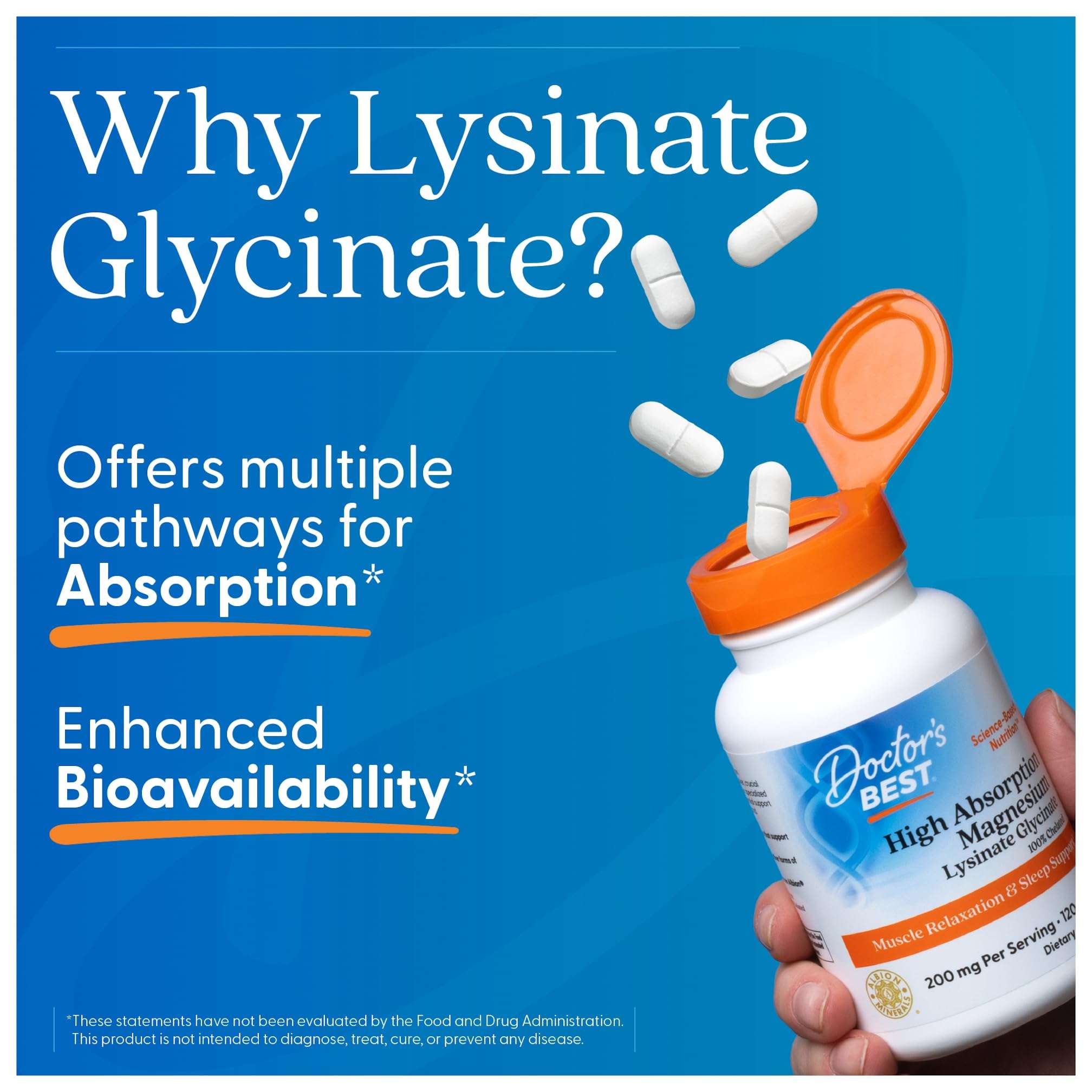Doctors Best bottle with orange lid and white pills on blue background showing high absorption magnesium tablets