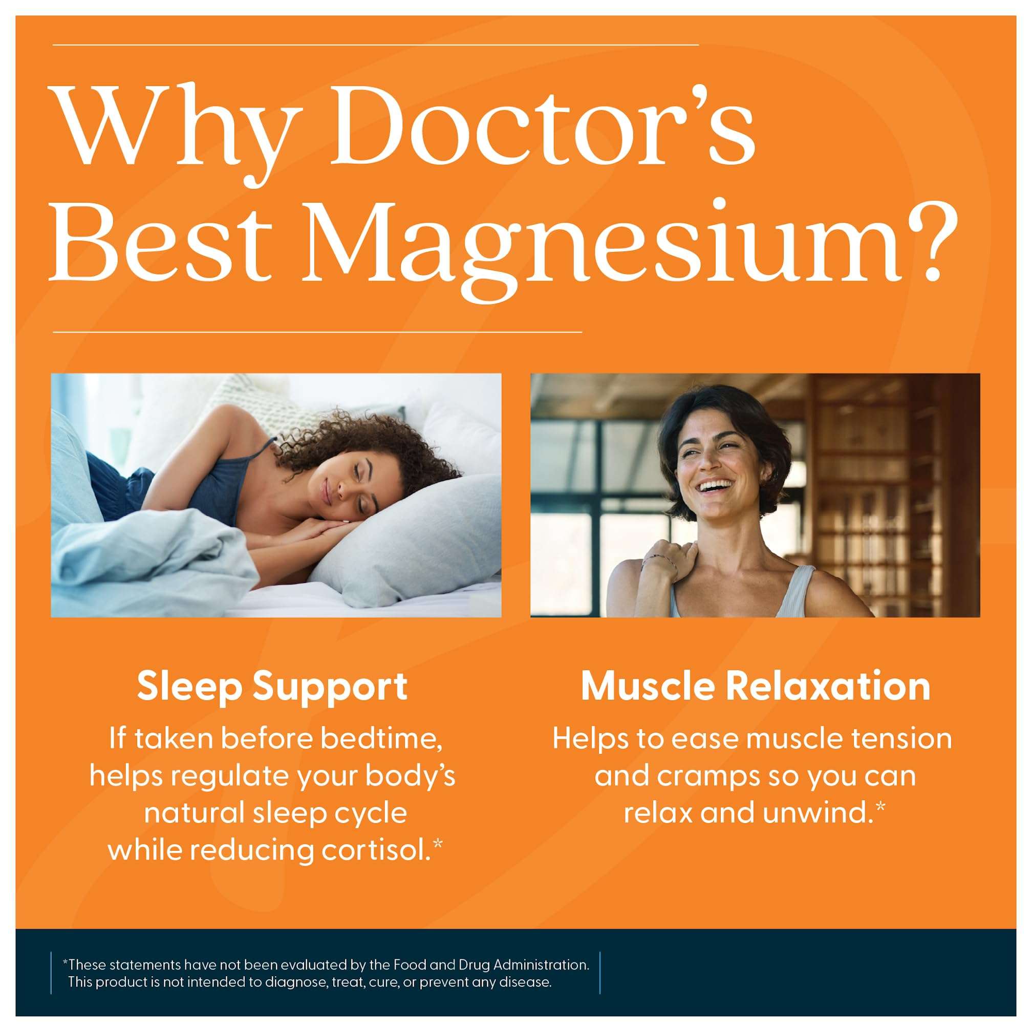 Doctors Best promotional image for high absorption magnesium tablets highlighting sleep support and muscle relaxation