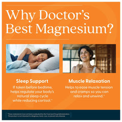 Doctors Best promotional image for high absorption magnesium tablets highlighting sleep support and muscle relaxation