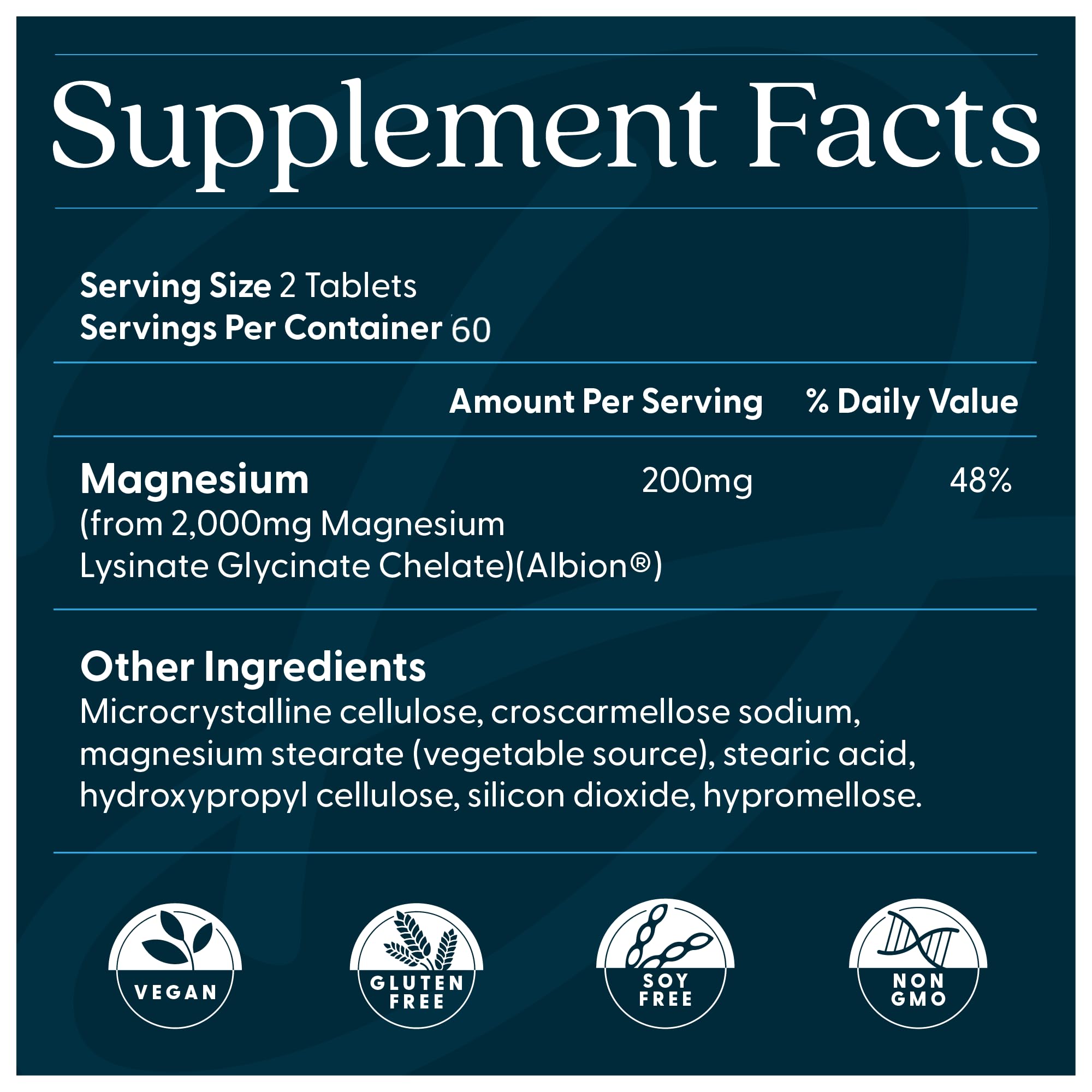 Doctors Best Supplement Facts label for high absorption magnesium tablets 200mg per serving vegan gluten free