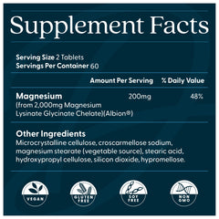 Doctors Best Supplement Facts label for high absorption magnesium tablets 200mg per serving vegan gluten free