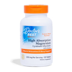 Doctors Best bottle of high absorption magnesium tablets 200 mg per serving 120 tablets for muscle relaxation and sleep support