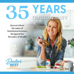 Doctor's Best Lutein 20mg UAE showcased on a table with a happy woman promoting health benefits