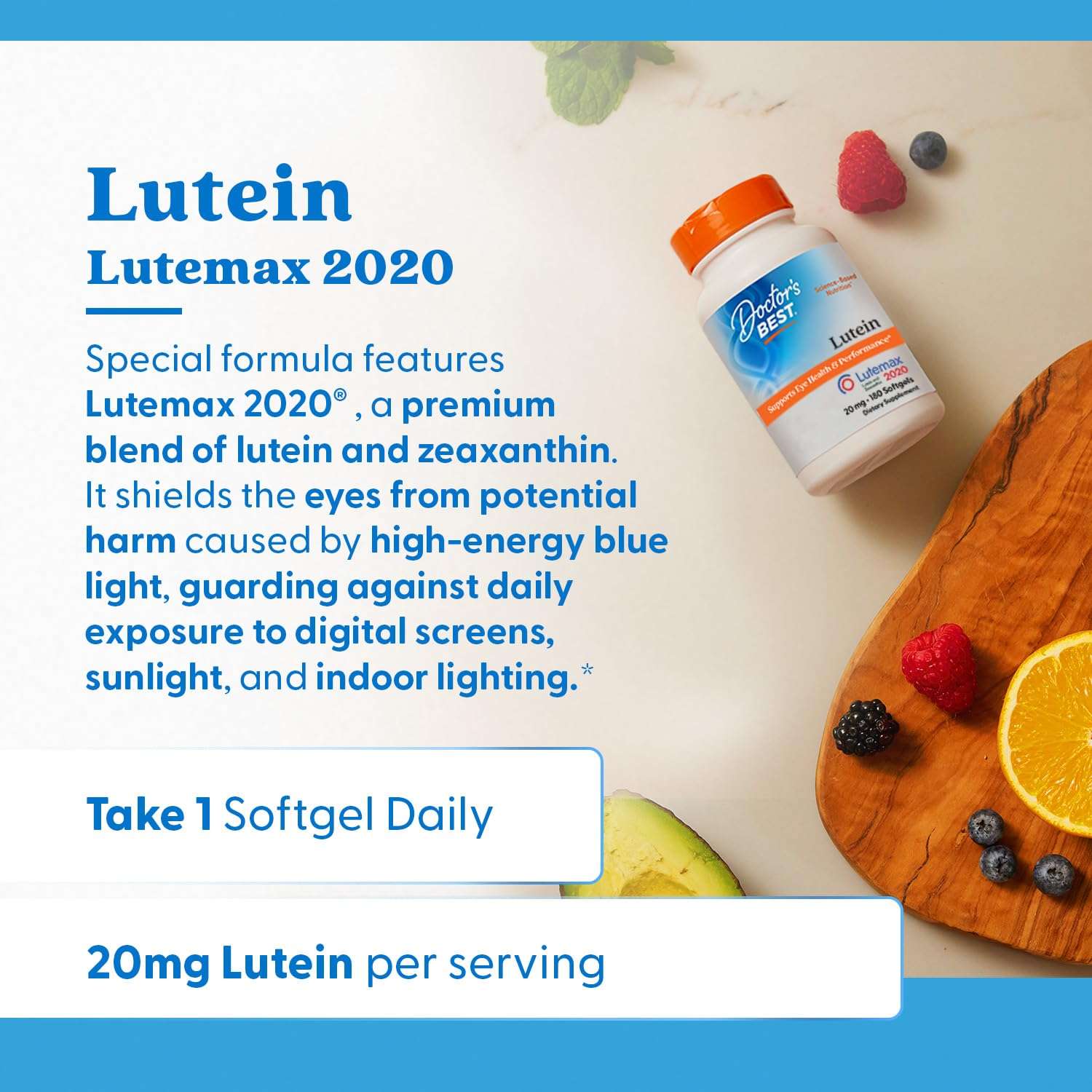 Doctor's Best Lutein 20mg UAE softgel bottle with fruits, promotes eye health and protects from blue light