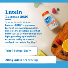 Doctor's Best Lutein 20mg UAE softgel bottle with fruits, promotes eye health and protects from blue light