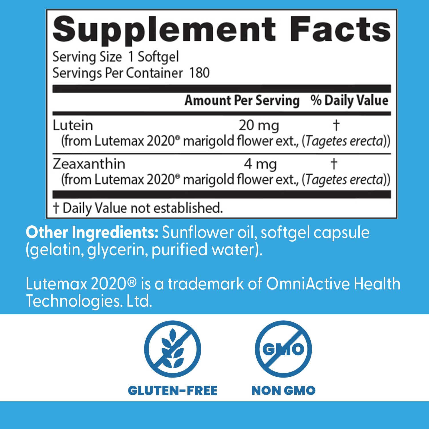 Doctor's Best Lutein 20mg UAE Supplement Facts with Lutein and Zeaxanthin Details