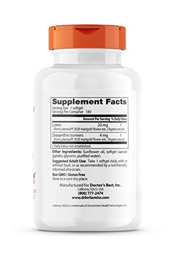 Doctor's Best Lutein 20mg UAE dietary supplement bottle with 180 softgels for eye health