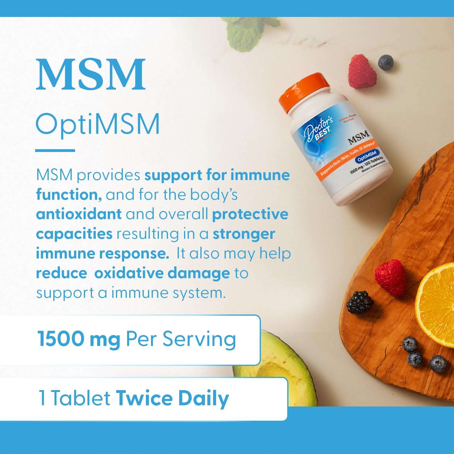 Doctor's BEST MSM supplement for hair skin and nails with bottle and fruits on a blue background
