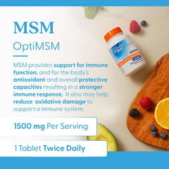 Doctor's BEST MSM supplement for hair skin and nails with bottle and fruits on a blue background