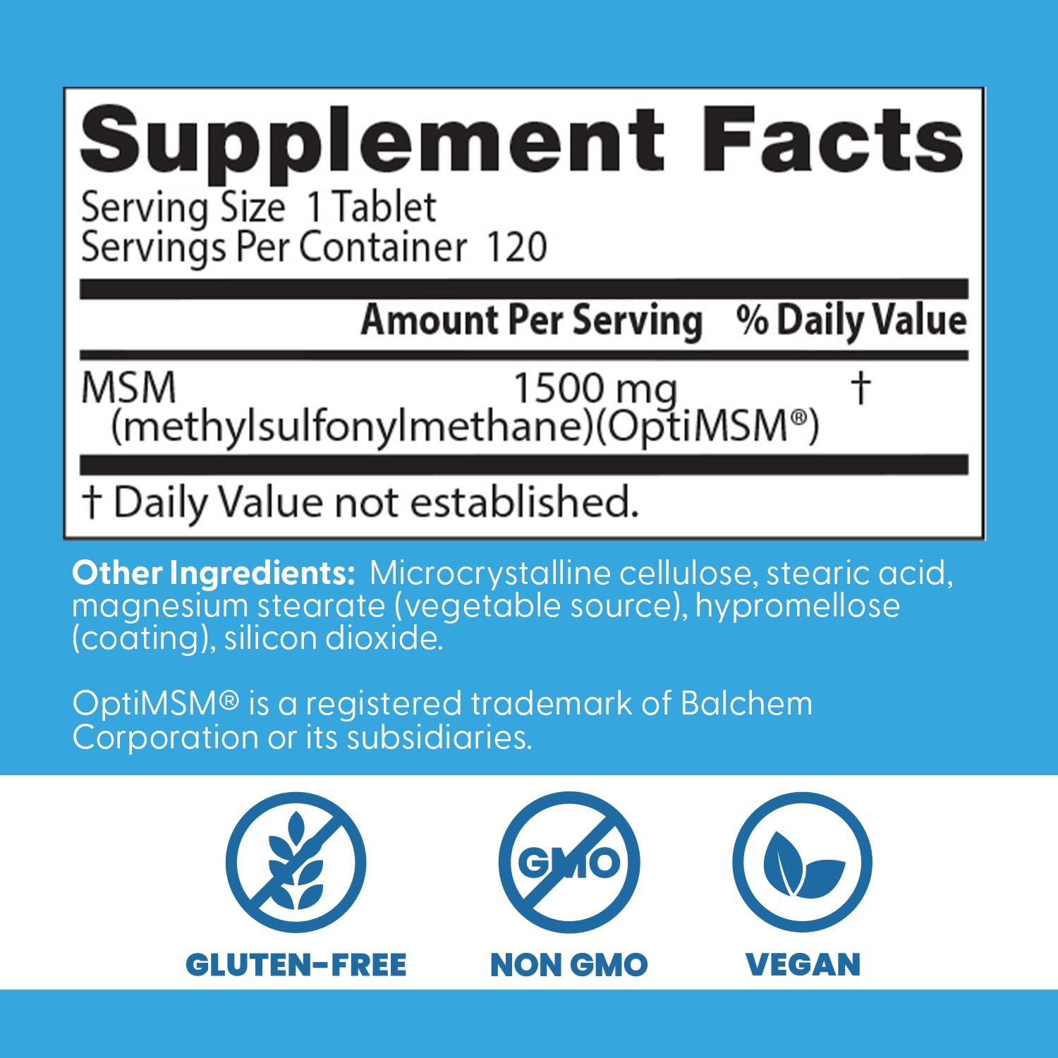 Doctor's BEST MSM supplement for hair skin and nails in a supplement facts label on a blue background