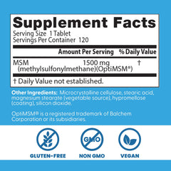 Doctor's BEST MSM supplement for hair skin and nails in a supplement facts label on a blue background