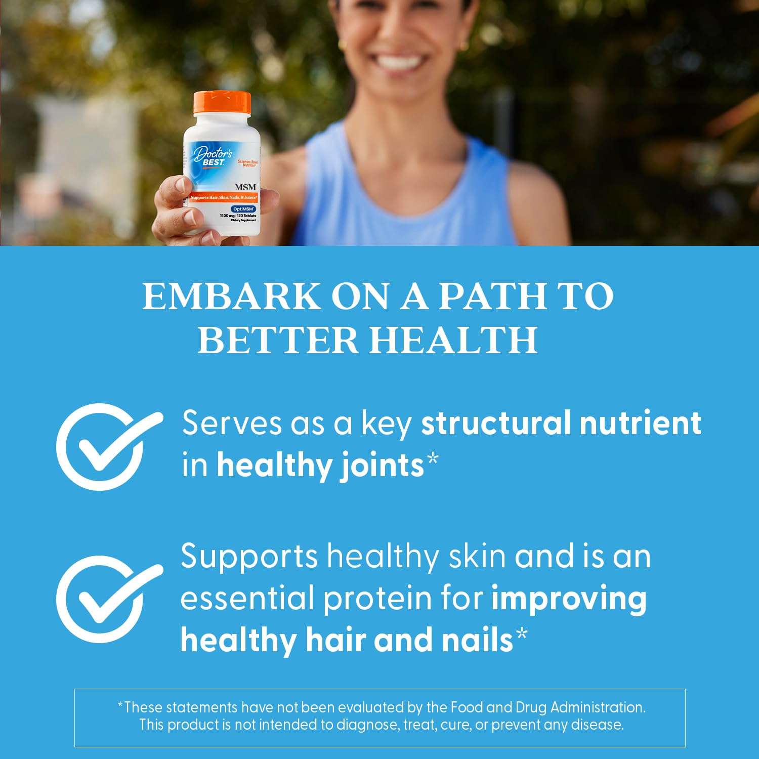 Doctor's BEST MSM supplement for hair skin and nails in a bottle held by a smiling woman
