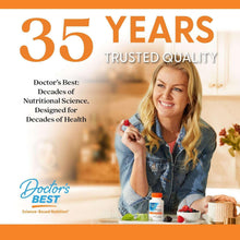 Nattokinase supplement bottle held by smiling woman on orange 35 years packaging