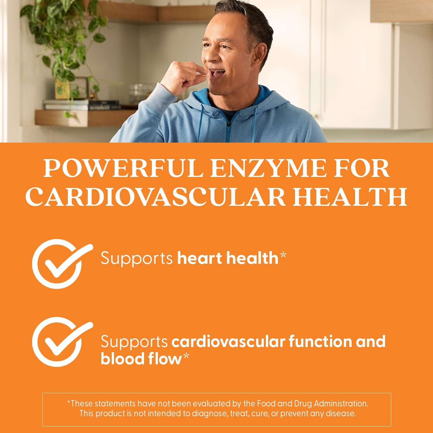Doctors Best nattokinase supplement UAE promoting cardiovascular health with man taking pill