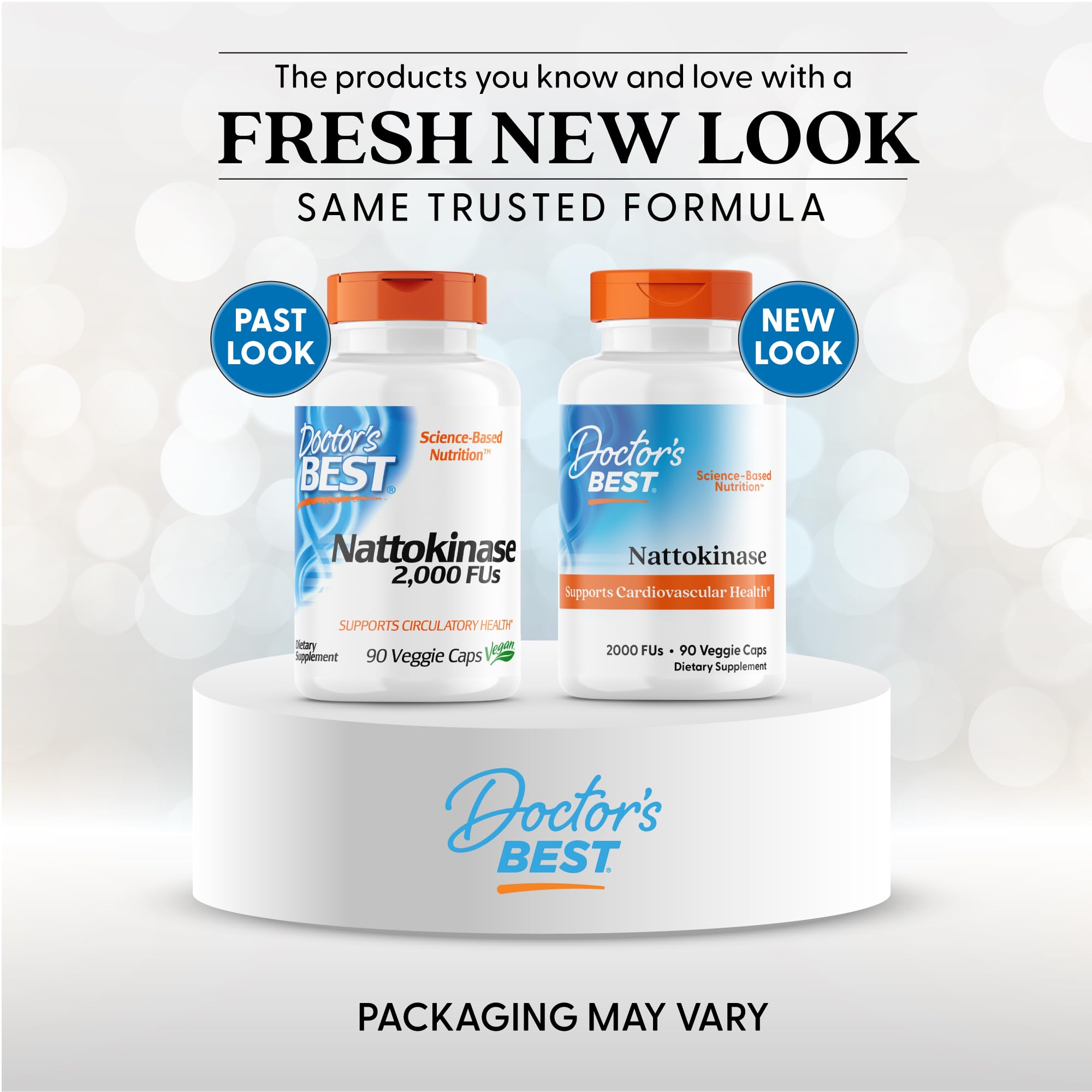 Doctors Best nattokinase supplement UAE two white bottles with orange caps showing past and new packaging