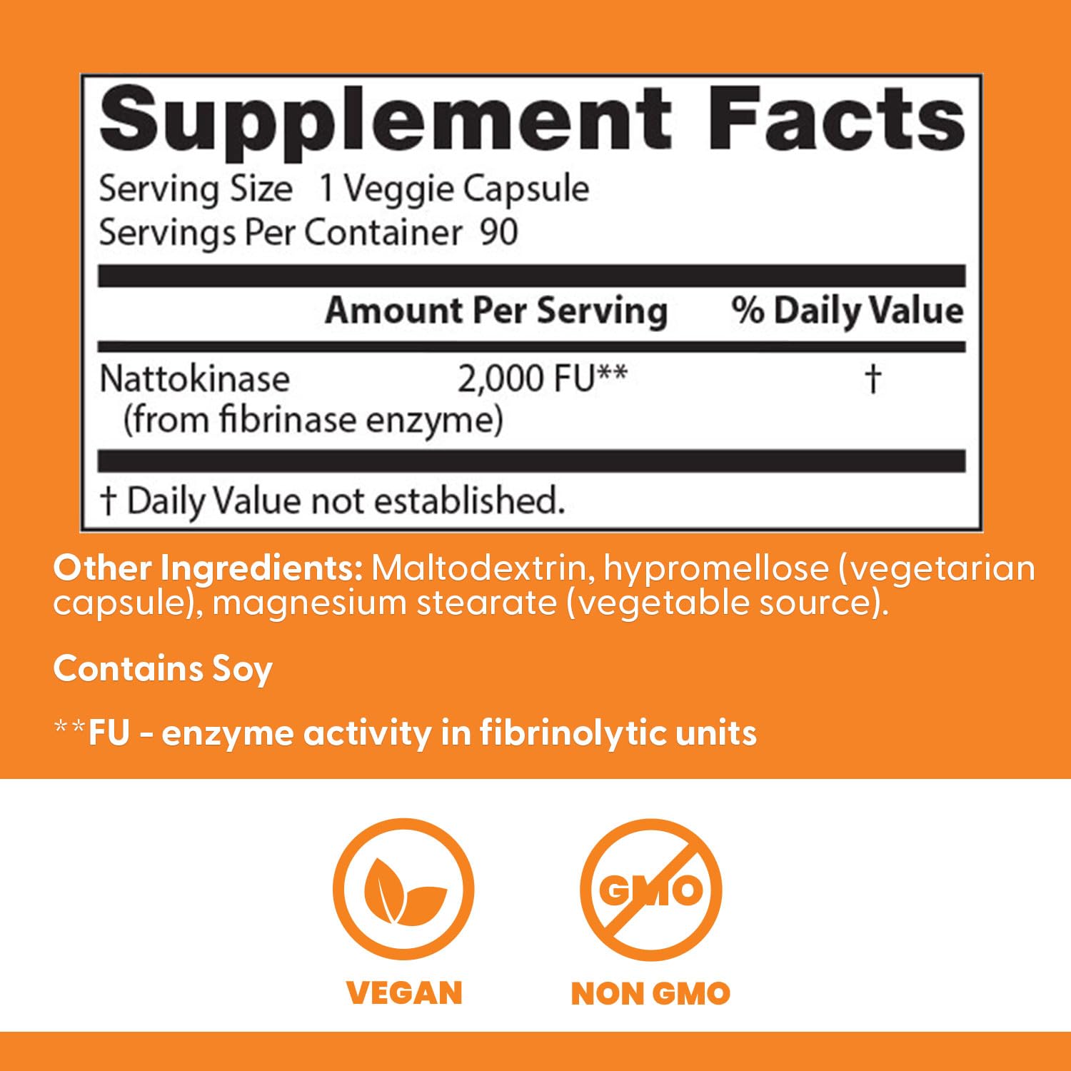 Doctors Best supplement facts label showing nattokinase 2000 FU per capsule with vegan non GMO icons nattokinase supplement UAE