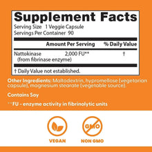 Supplement Facts panel for nattokinase 2,000 FU with vegan and non GMO icons