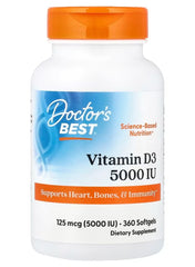 Doctor's BEST Vitamin D3 5000 IU softgels in a white bottle with orange lid, supports heart, bones, and immunity