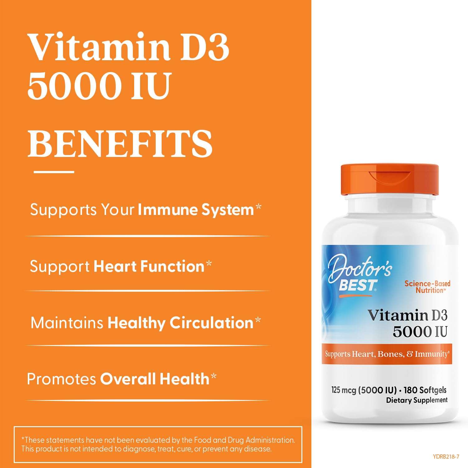Doctors Best Vitamin D3 5000 IU bottle with benefits list supports immune heart circulation Vitamin D3 5000 IU supplements UAE