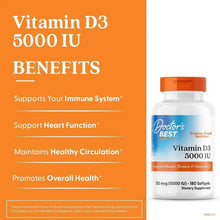 Vitamin D3 5000 IU benefits panel with bottle and immune system support text