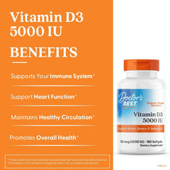 Doctors Best Vitamin D3 5000 IU bottle with benefits list supports immune heart circulation Vitamin D3 5000 IU supplements UAE