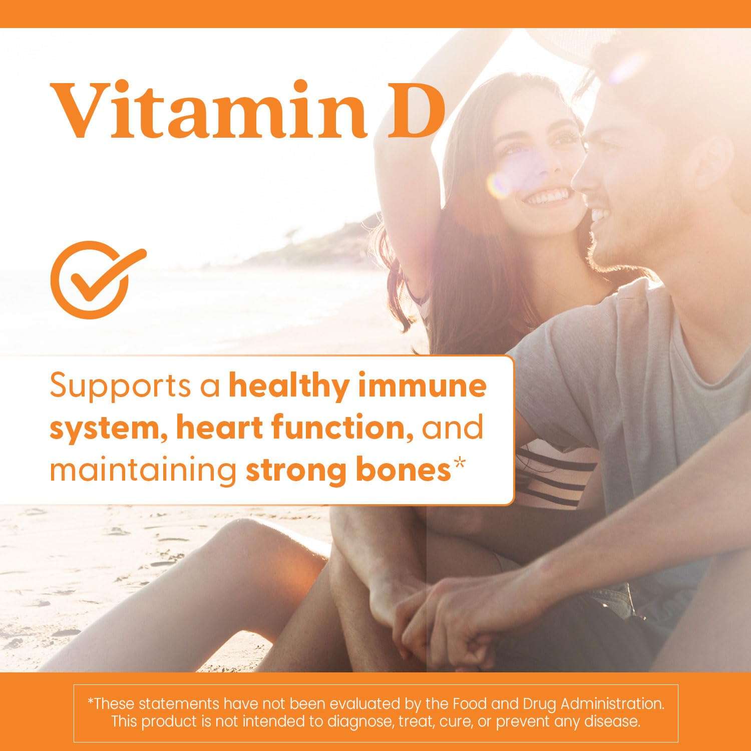 Bottle label and happy couple on beach promoting Vitamin D3 5000 IU supplements UAE for immune heart and bone support