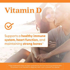 Bottle label and happy couple on beach promoting Vitamin D3 5000 IU supplements UAE for immune heart and bone support