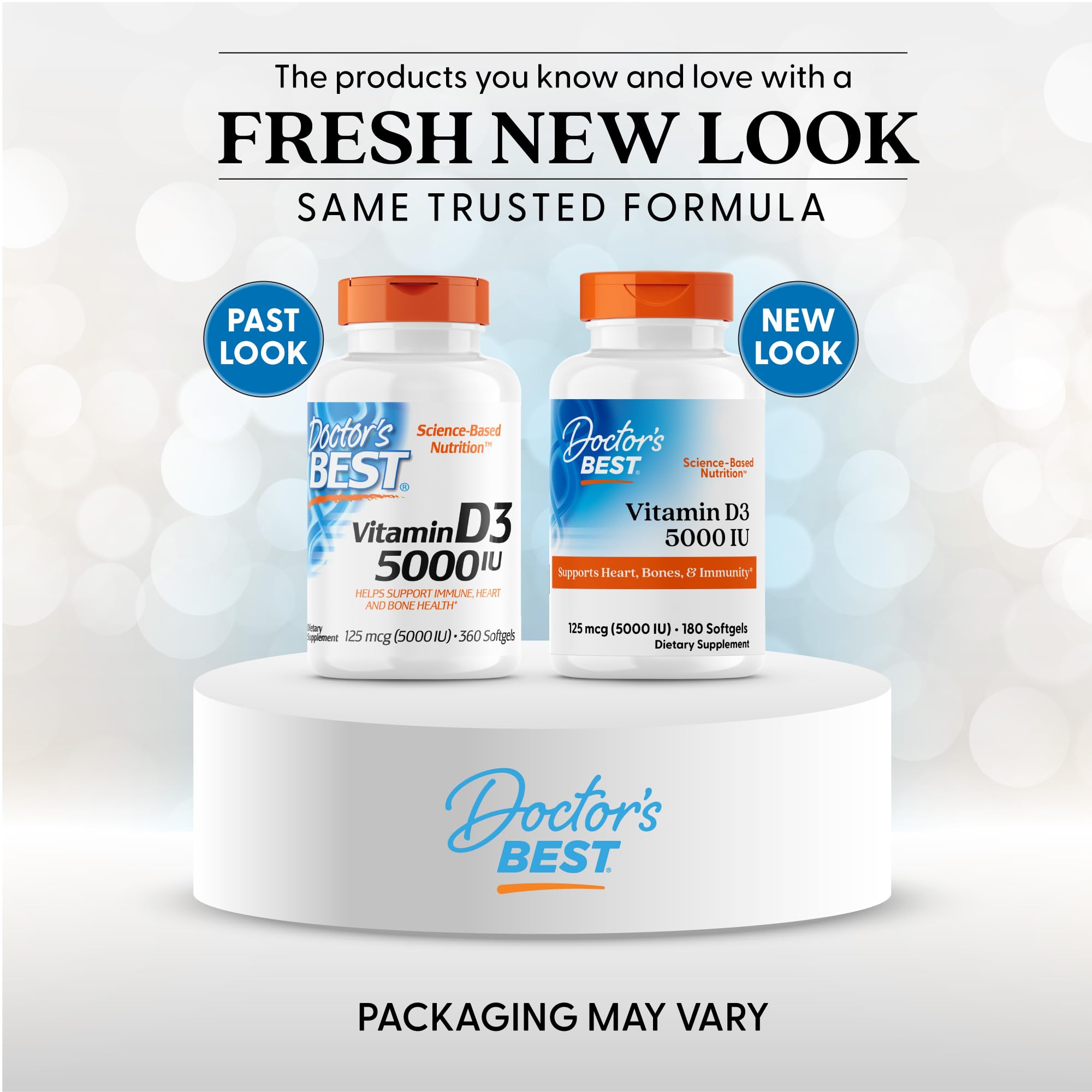 Doctors Best Vitamin D3 5000 IU supplements UAE bottles showing past and new look packaging on display