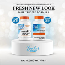 Vitamin D3 5000 IU supplement bottles on pedestal, fresh new look and packaging may vary