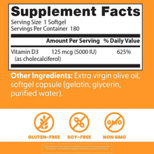 Supplement Facts label for Vitamin D3 5000 IU, serving size 1 softgel, 180 servings