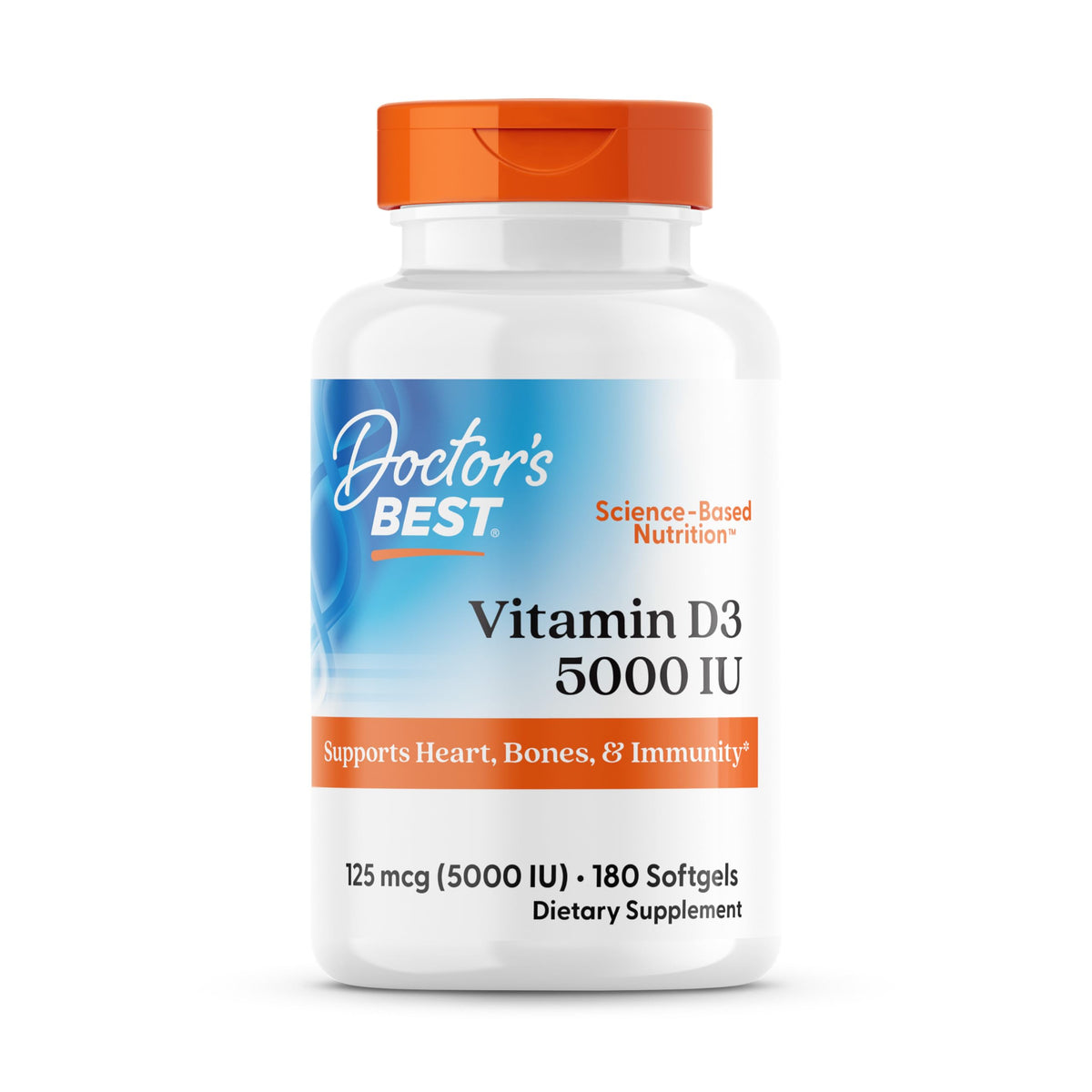 White bottle of Vitamin D3 5000 IU supplements UAE by Doctors Best 180 softgels supports bone heart immunity