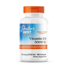 Vitamin D3 5000 IU softgel supplement bottle with orange cap and blue label