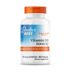 White bottle of Vitamin D3 5000 IU supplements UAE by Doctors Best 180 softgels supports bone heart immunity