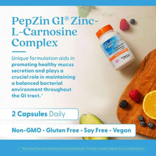 PepZin Gi Zinc-L-Carnosine complex supplement bottle with orange cap beside fruit and berries
