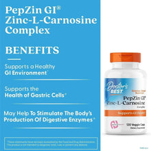 PepZin Gi Zinc-L-Carnosine Complex benefits panel with small supplement bottle
