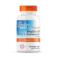 Zinc-L-Carnosine complex supplement bottle with orange cap, PepZin Gi branding and 120 veggie caps