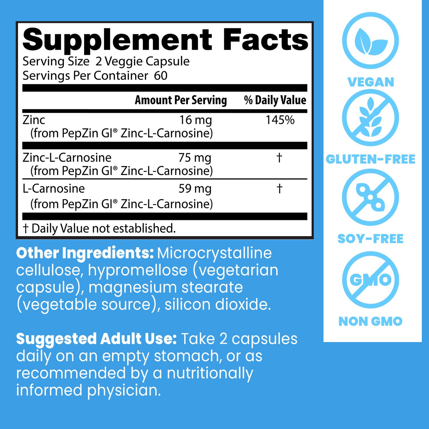 Doctors Best supplement facts label for zinc carnosine supplement UAE 2 veggie capsules 60 count vegan gluten free