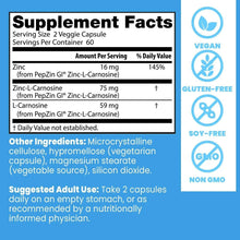 Supplement Facts label for PepZin Gi Zinc-L-Carnosine complex with zinc and L-carnosine amounts