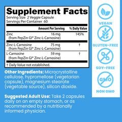 Doctors Best supplement facts label for zinc carnosine supplement UAE 2 veggie capsules 60 count vegan gluten free