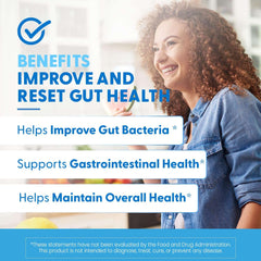Smiling woman in kitchen with banners about improving gut bacteria and gut health promoting zinc carnosine supplement UAE